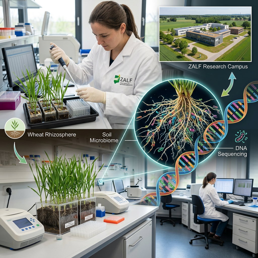 Scientist pipetting samples from wheat plants in lab to analyze soil microbiome and DNA sequences