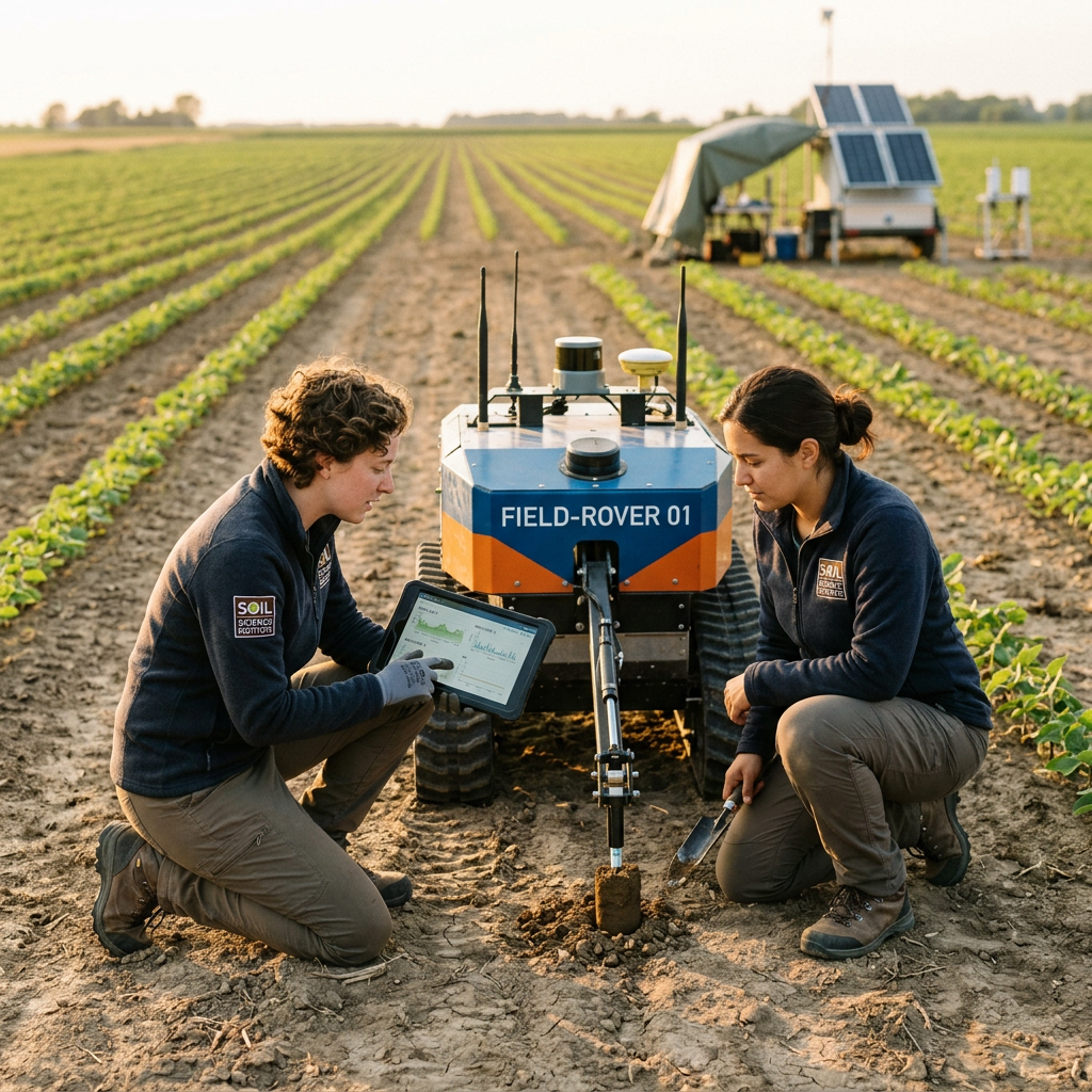 Two people kneeling beside agricultural robot 'FIELD-ROVER 01' in a crop field collecting soil samples with a tablet and soil trowel