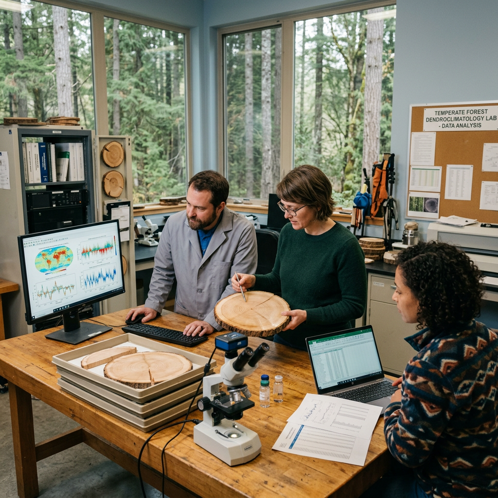 Three researchers studying tree ring samples and climate data in a lab with computers and microscope