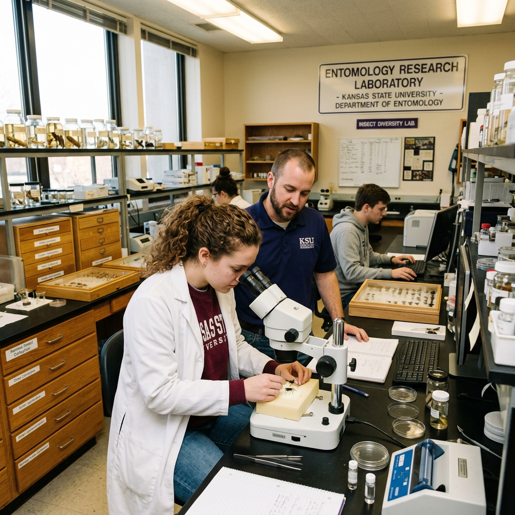 Two researchers studying insect specimens with a microscope in an entomology lab