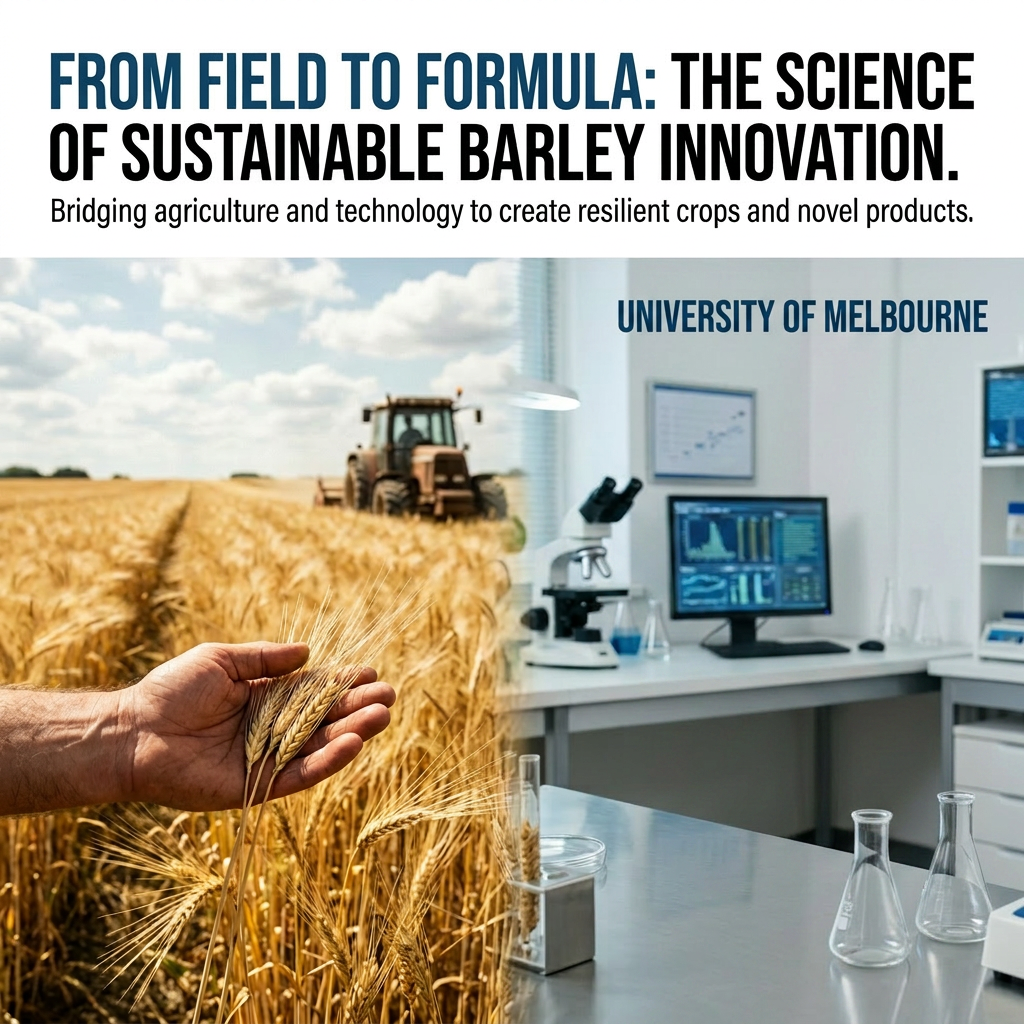 Hand holding barley stalks in a field with tractor; scientist testing barley in a lab
