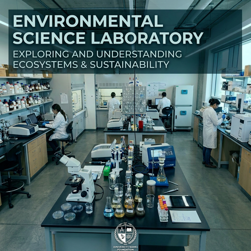 Scientists conducting environmental science experiments with lab equipment and chemicals